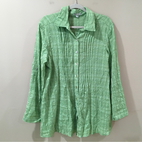 Puli Wrinkled Top Shirt Green Plaid Long Sleeves Button Up Women Size 12 Classic - Picture 1 of 5